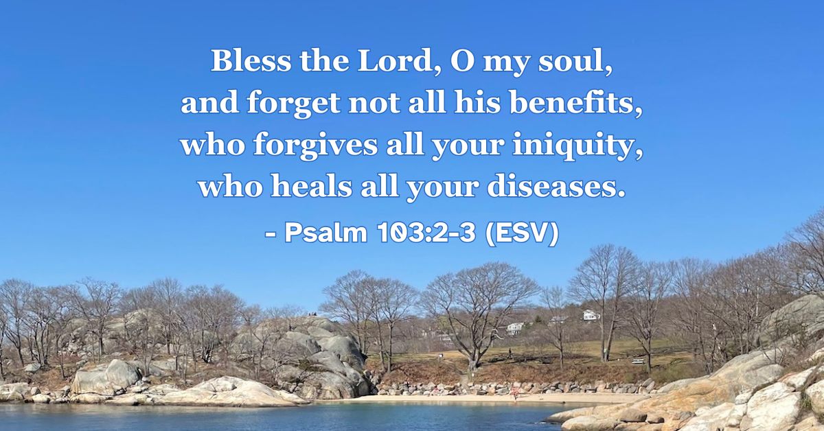 This Bible verse image features Psalm 103:2-3 (ESV): “Bless the Lord, O my soul, and forget not all his benefits, who forgives all your iniquity, who heals all your diseases.” A reminder to praise God for his benefits of forgiveness and healing.