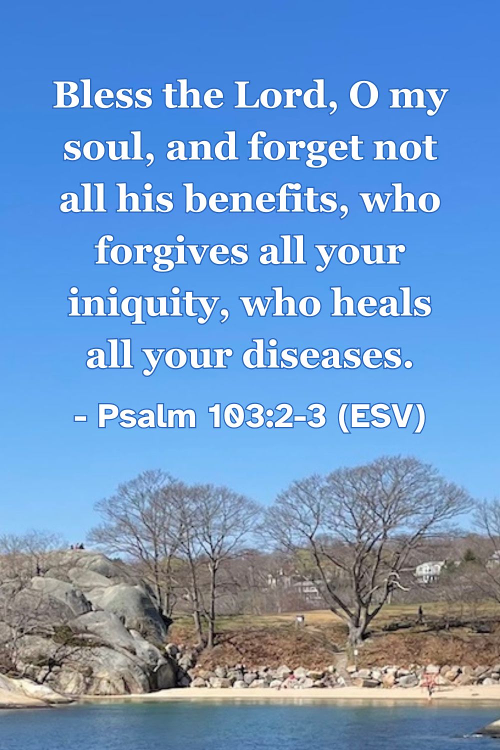 This Bible verse image features Psalm 103:2-3 (ESV): “Bless the Lord, O my soul, and forget not all his benefits, who forgives all your iniquity, who heals all your diseases.” A reminder to praise God for his benefits of forgiveness and healing.