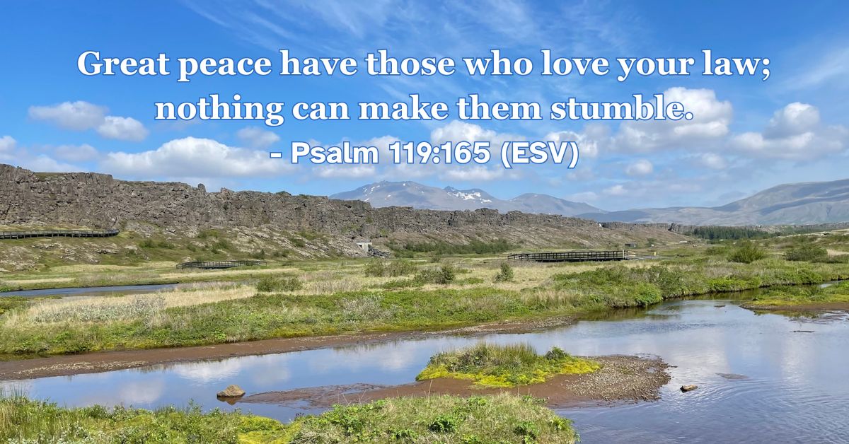 This Bible verse image features Psalm 119:165 (ESV): “Great peace have those who love your law; nothing can make them stumble.” A reminder of the stability and peace found in loving God’s Word.